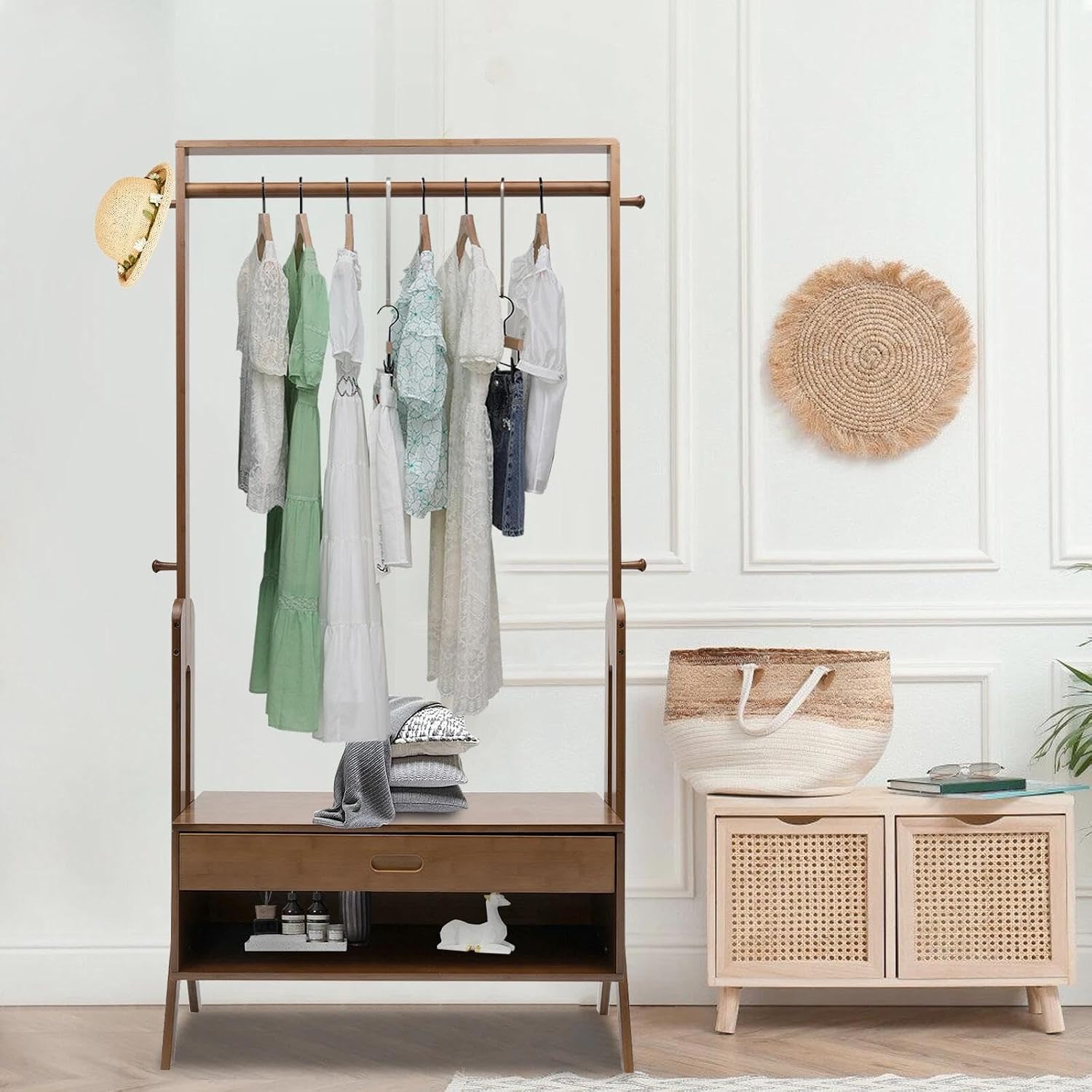 for Bamboo Clothes Hanging Garment Rack Heavy Duty Laundry Rack Cloest Storage Shelf