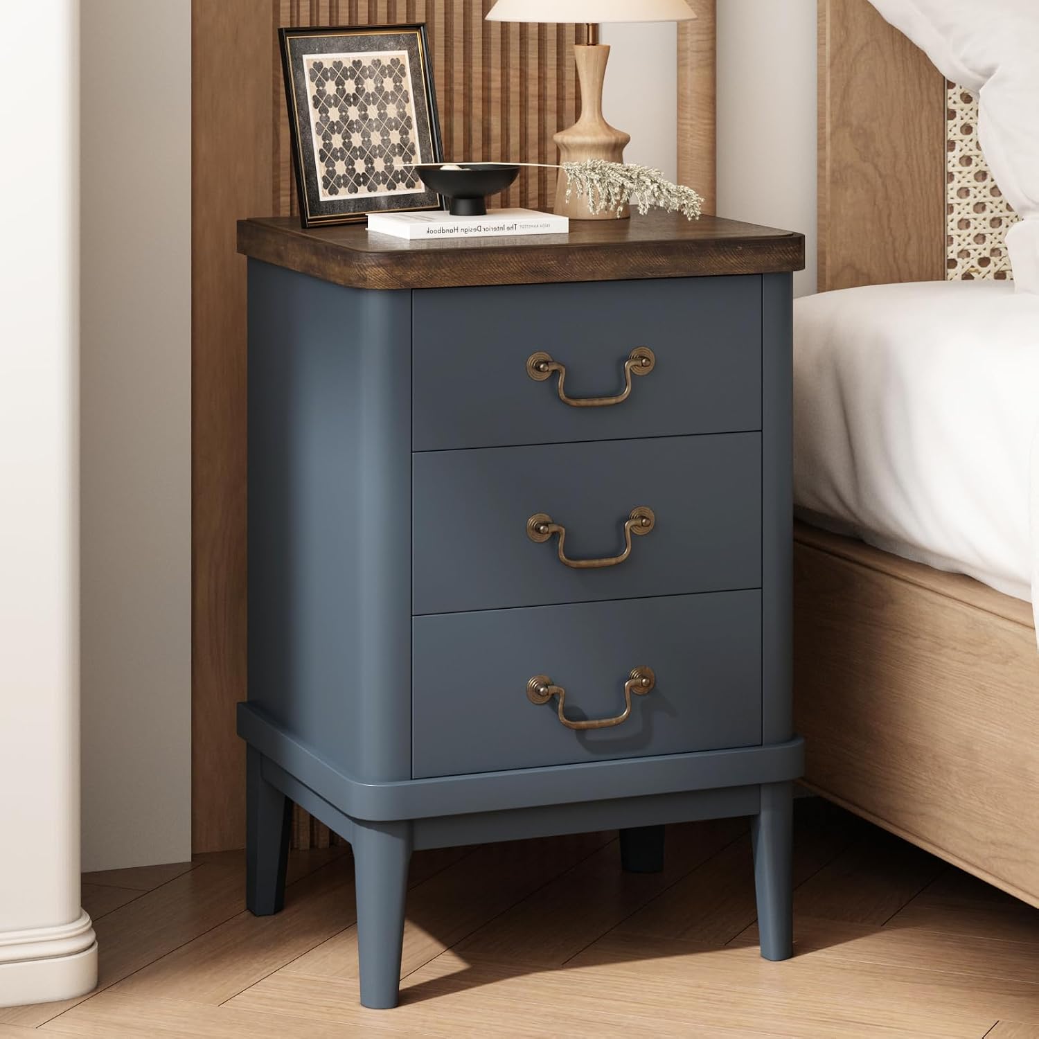 Wnutrees Farmhouse Nightstand with 3 Drawers，Modern Bedside Table with Round Curved Corner and Metal Handles, Wood End Side Table for Living Room, Hallway, Blue Set of 2