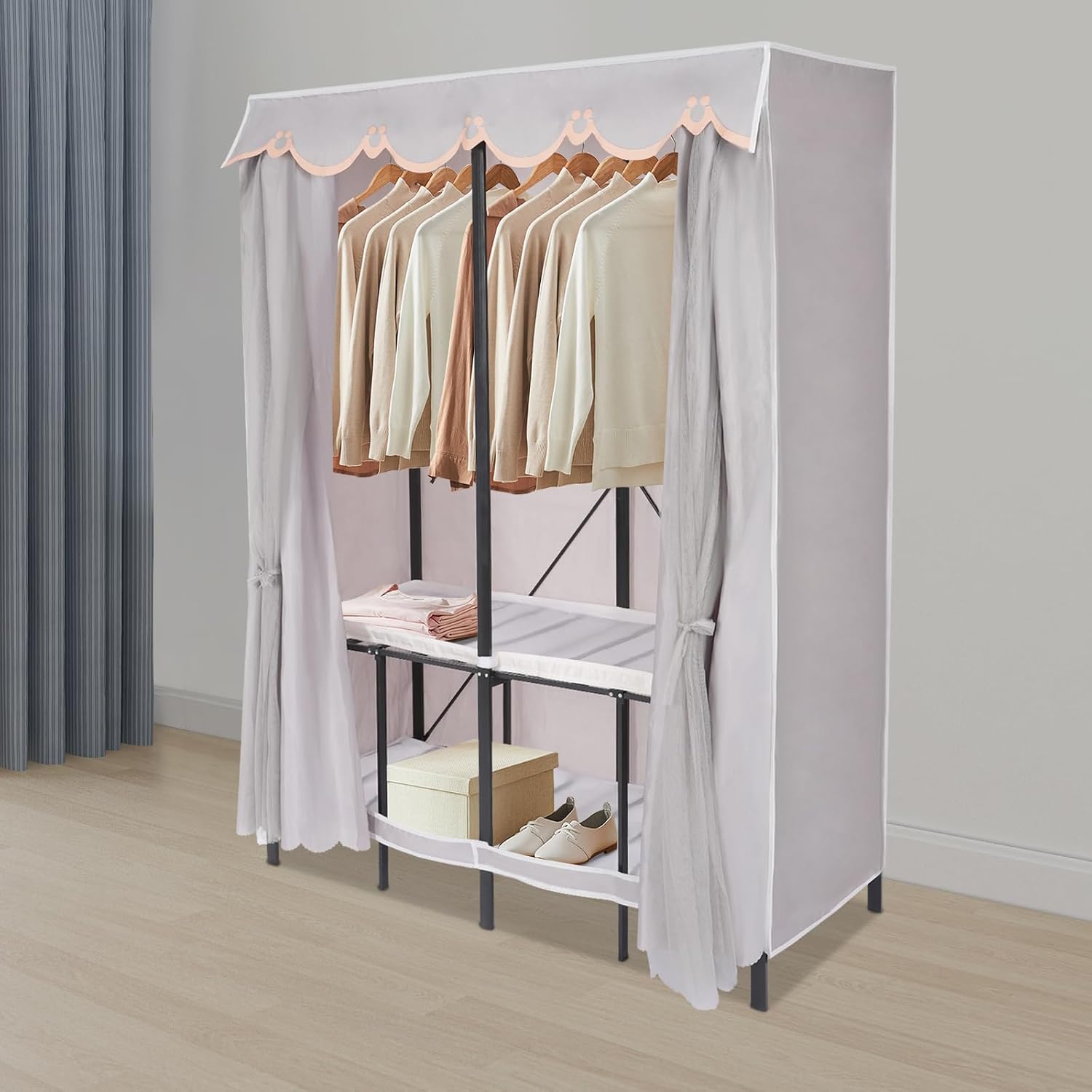 50x20x68 inch Wardrobe Closet Rack with Cover, 1100lbs Capacity Heavy-duty Metal Clothing Coat Storage Rack, Foldable Garment Rack for Hanging Clothes for Bedroom (Grey)