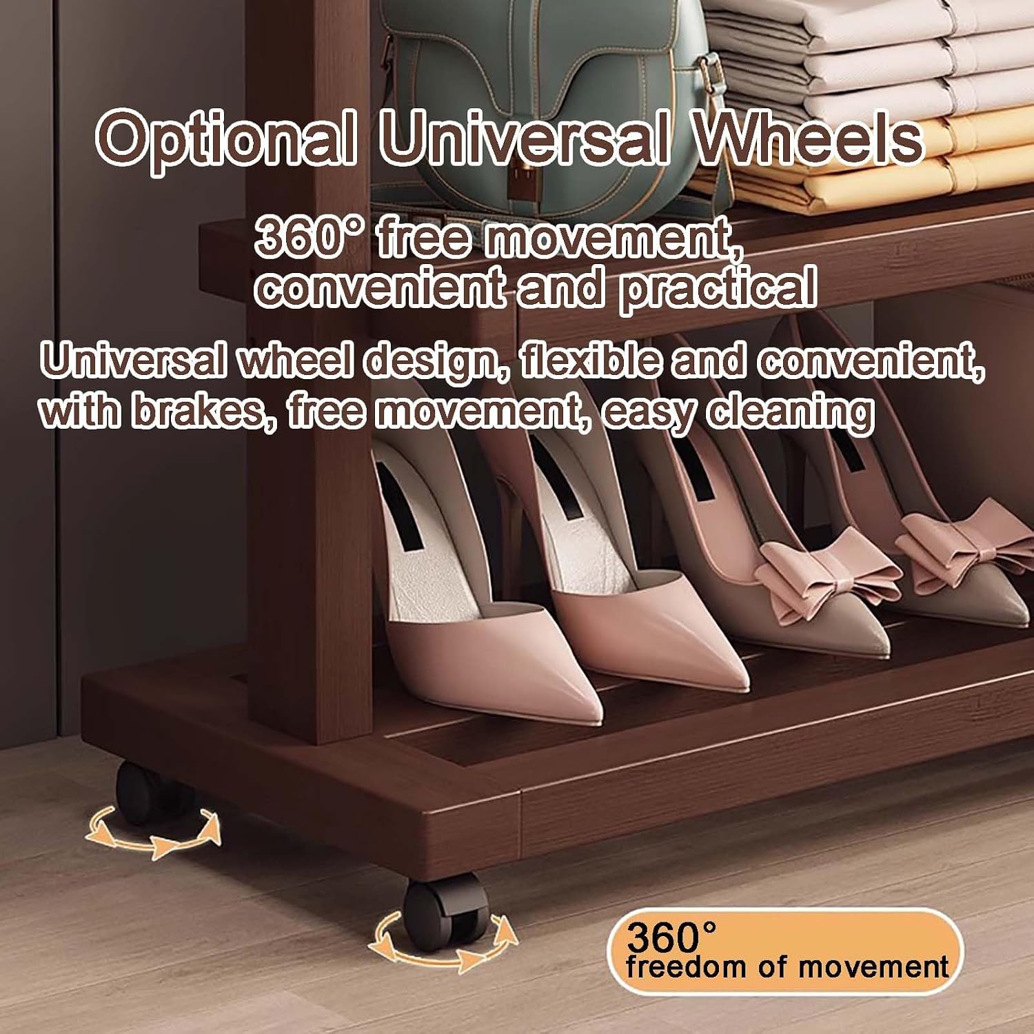 Clothes Rack, Bamboo Floor-standing Bedroom Coat Rack,Rack Heavy Duty Garment Racks For Hanging Clothes,Shoe Clothing Storage Organizer Shelves, 63 in Height(Brown,105CM/41.3IN)