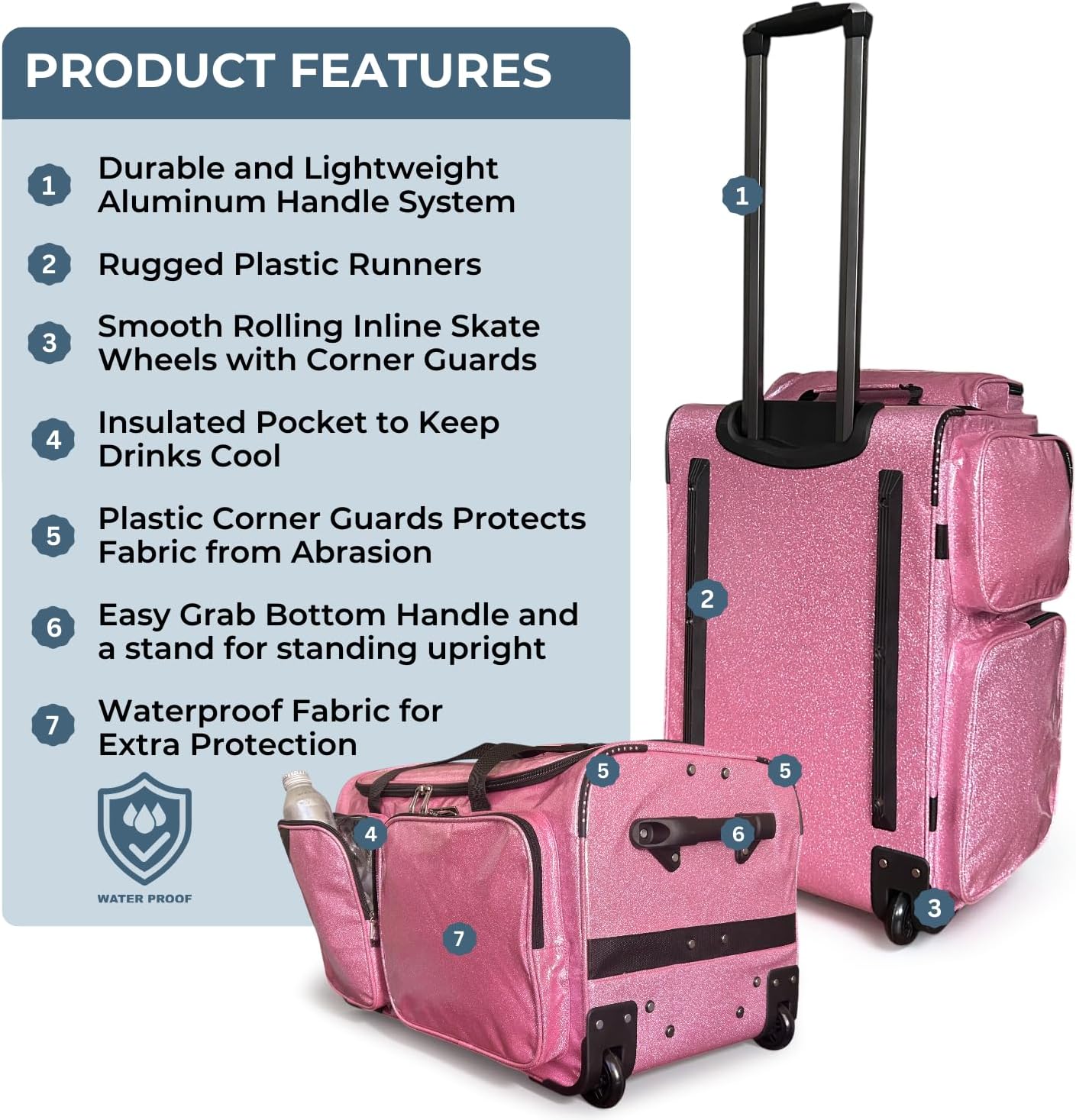 Travolution NEW Glittering Dance Bag with Garment Rack, 23 Inch Rolling Duffel With Wheels, Ideal for Competitions & Travel, Easy-assembly Lightweight Aluminum Clothes Rack (Glitter Pink)