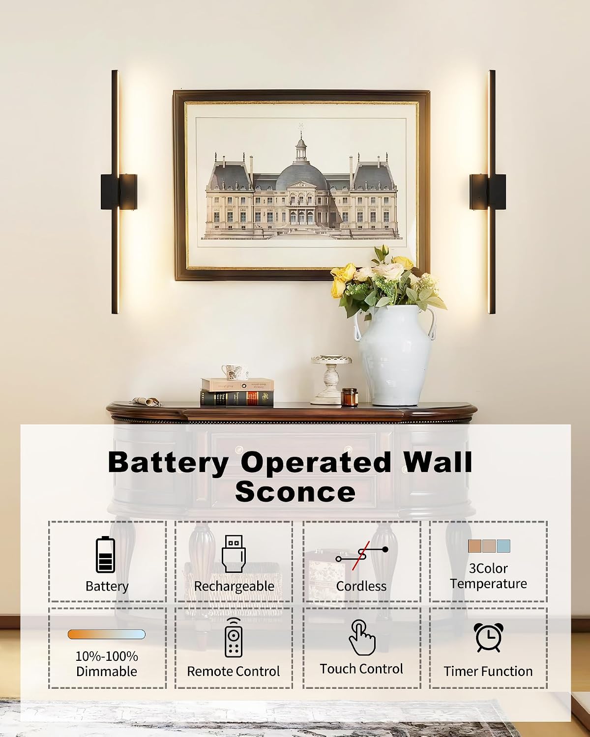 Rayogale Black Battery Operated Wall Sconce with Remote Control 40 Inch | 3000/4500/6000K Dimmable 8000mAh Wireless Rechargeable Wall Sconces Set of Two with Timer for Living Room, Bedroom, TV