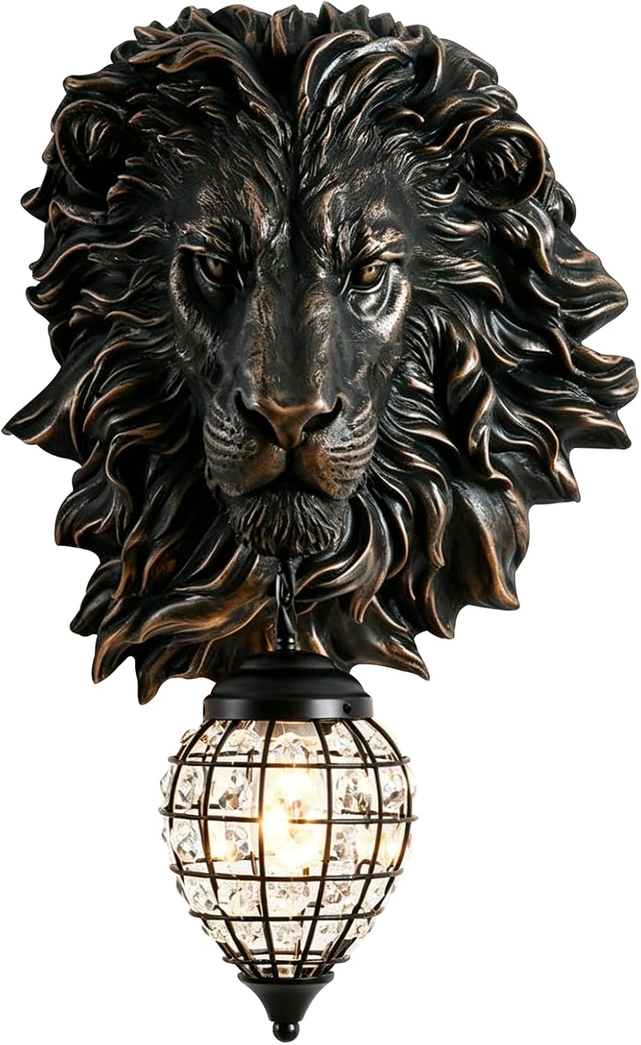 Retro Mid Century Modern Wall Sconces with Clear Crystal Shade Lion Head Decor 17.7' Large Black Wall Lights Fixtures for Living Room Bedroom Bedside Stairs Bathroom