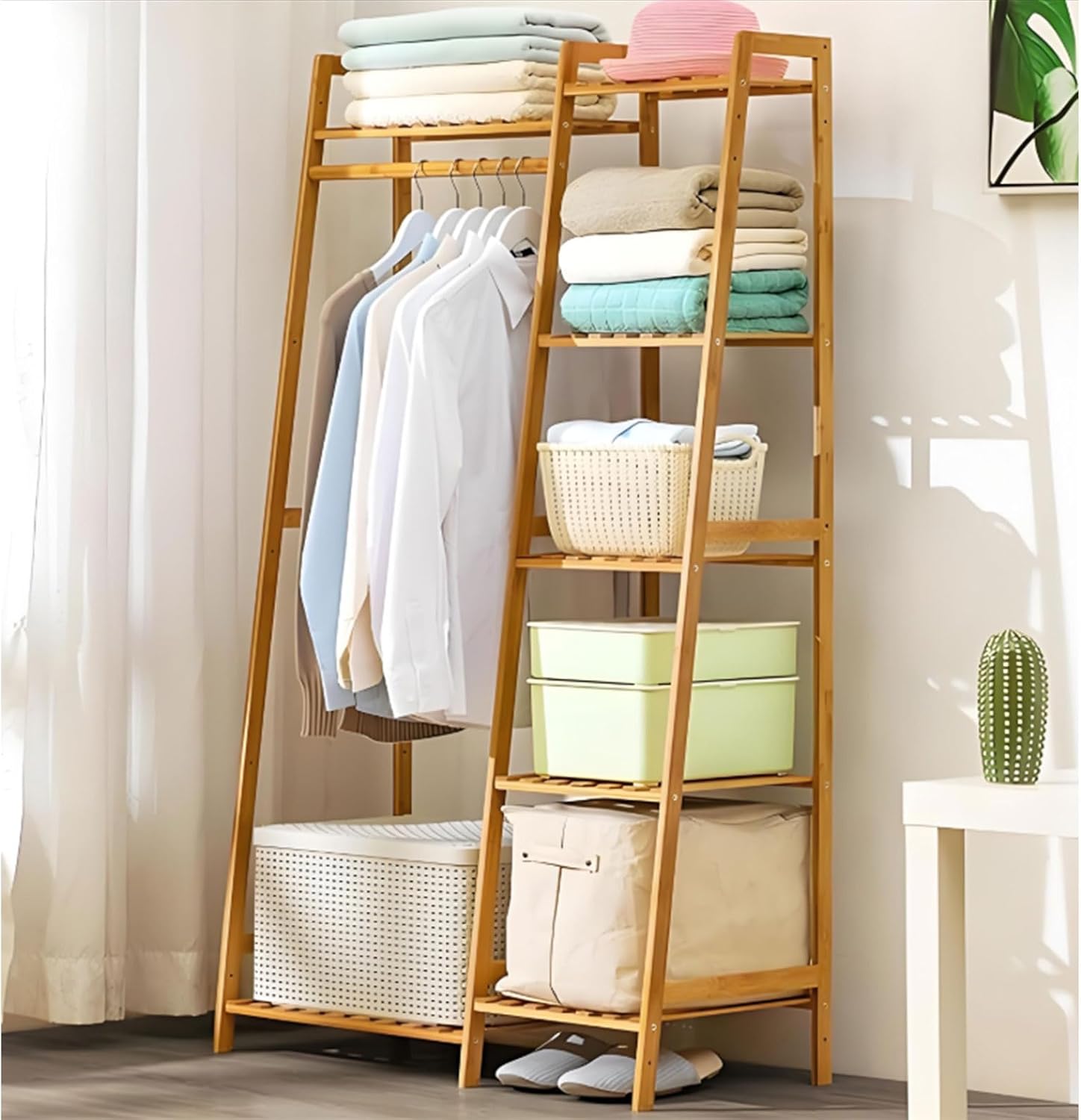 Bamboo Clothing Garment Rack, 5 Tier Clothes Storage Hanging Rack, Portable Wardrobe Closet Organizer Shoe Storage Shelves for Living Room Bedroom Hallway Entryway,B,80cm