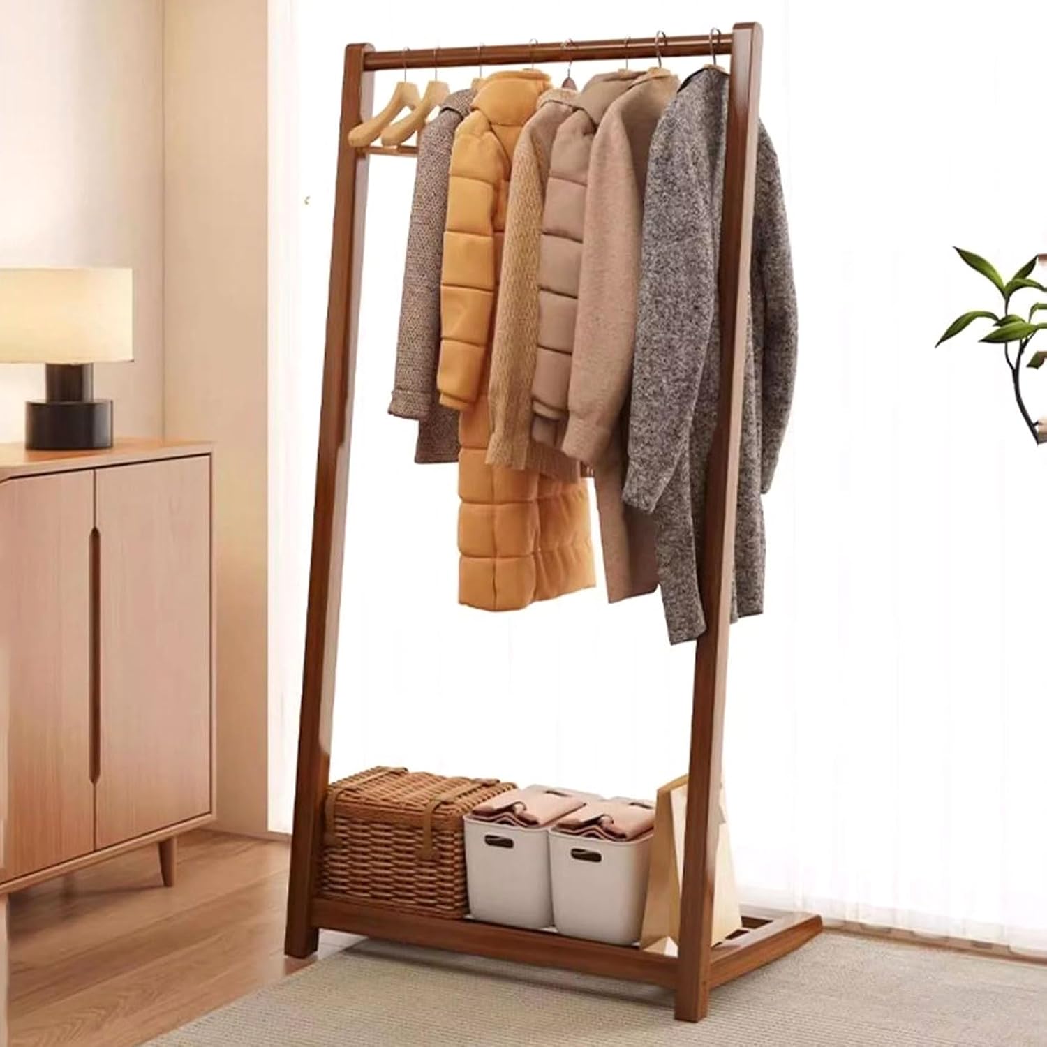 Bamboo Clothing Rack L-shape Coat Rack with Storage Shelves, Free Standing Clothes Hanging Rail Garment Rack for Entryway Bedroom Living Room