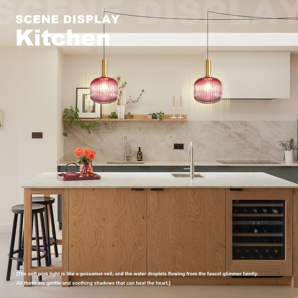 7.9' Pink Glass Plug in Hanging Lights Gold 2 Pack Pendant Light Black 14.75Ft Plug in Cord Striped Shade Modern Chandelier for Kitchen Dining Room Living Room Bedroom