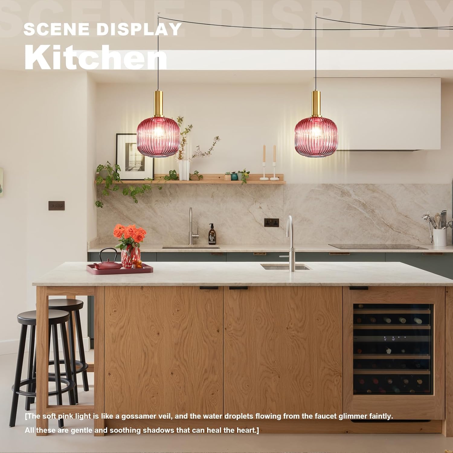 7.9' Pink Glass Plug in Hanging Lights Gold 2 Pack Pendant Light Black 14.75Ft Plug in Cord Striped Shade Modern Chandelier for Kitchen Dining Room Living Room Bedroom