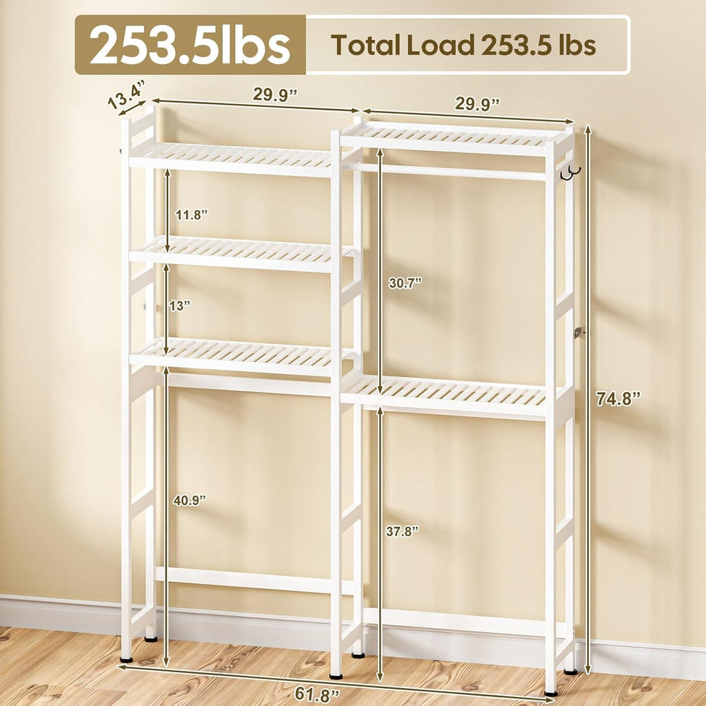 Cozivolife Over The Washer and Dryer Storage Shelf Bamboo,5 Tiers Laundry Room Drying Rack with Adjustable Shelves and 4 Hooks,Space Saver Organizer for Hanging Clothes and Towels (White)
