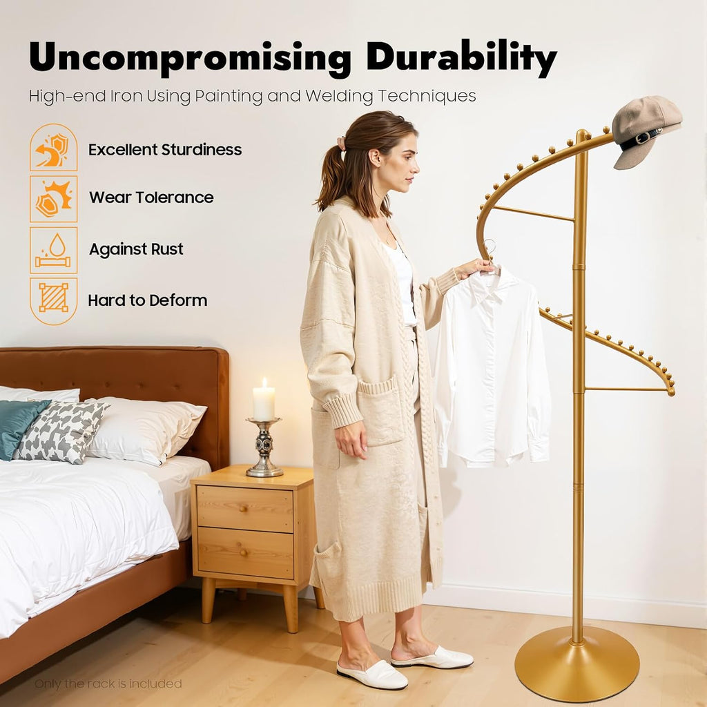 71 in Spiral Rotating Clothing Rack 360° Rotating Freestanding Hanging Clothing Display Stand Metal Heavy Duty Round Garment Rack for Boutique Bedroom (Gold)