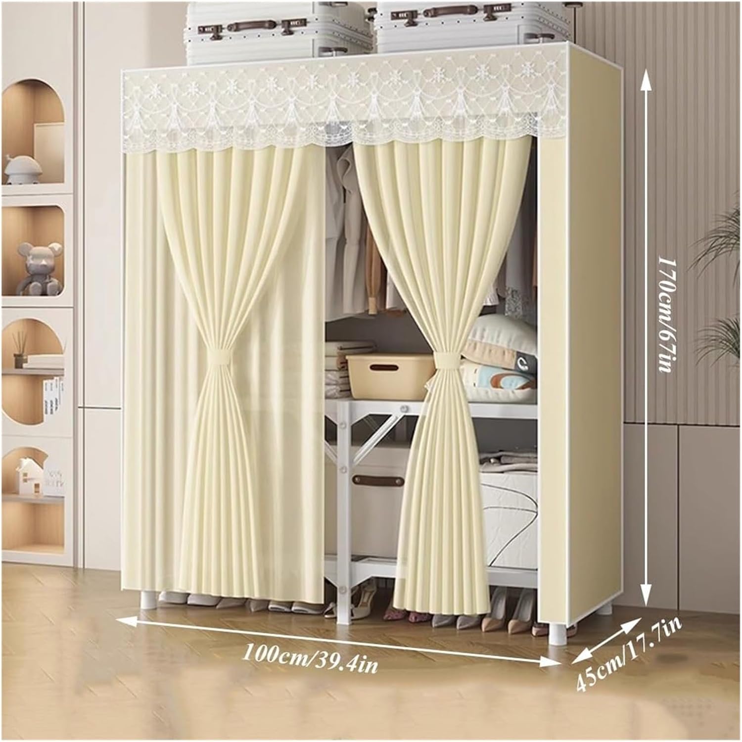 Clothes Rail Garment Rack Foldable Wardrobe Closet Rack, Heavy Duty Portable Closets With Cover Bedroom Armoires Freestanding Clothing Rolling Garment Racks For Hanging Clothes Load 2000lbs(Yellow,100