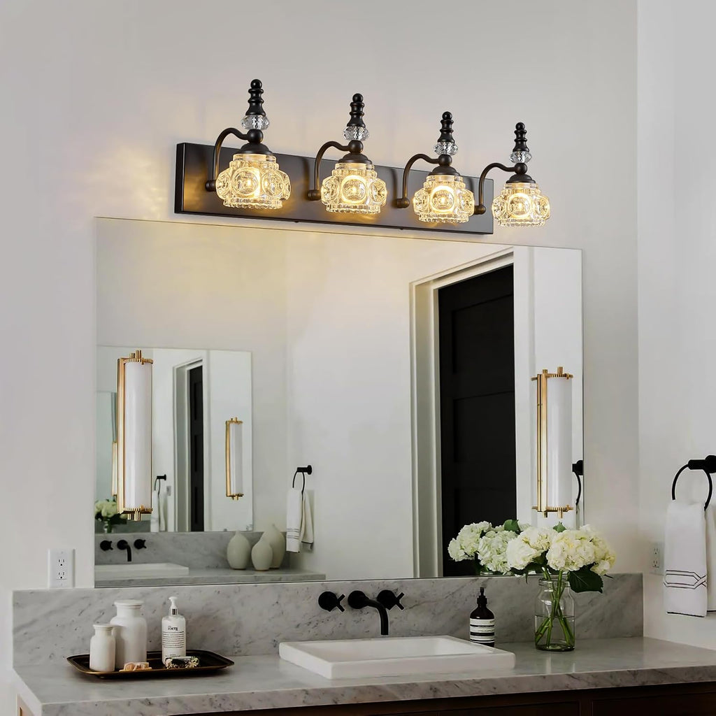 Modern Crystal Bathroom Vanity Light Black Vintage Bathroom Light Fixtures 4-Lights Glass Crystal Vanity Lights