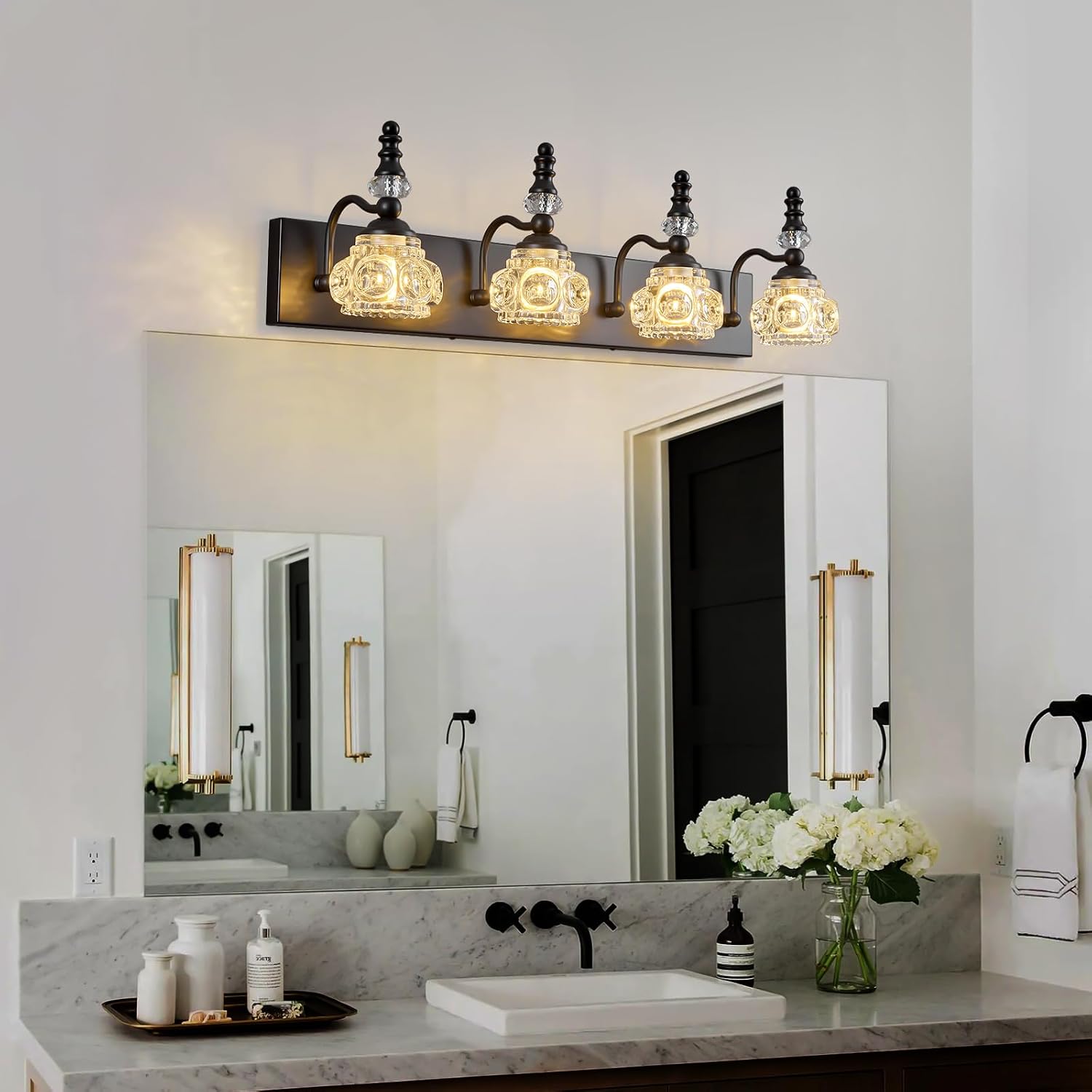 Modern Crystal Bathroom Vanity Light Black Vintage Bathroom Light Fixtures 4-Lights Glass Crystal Vanity Lights