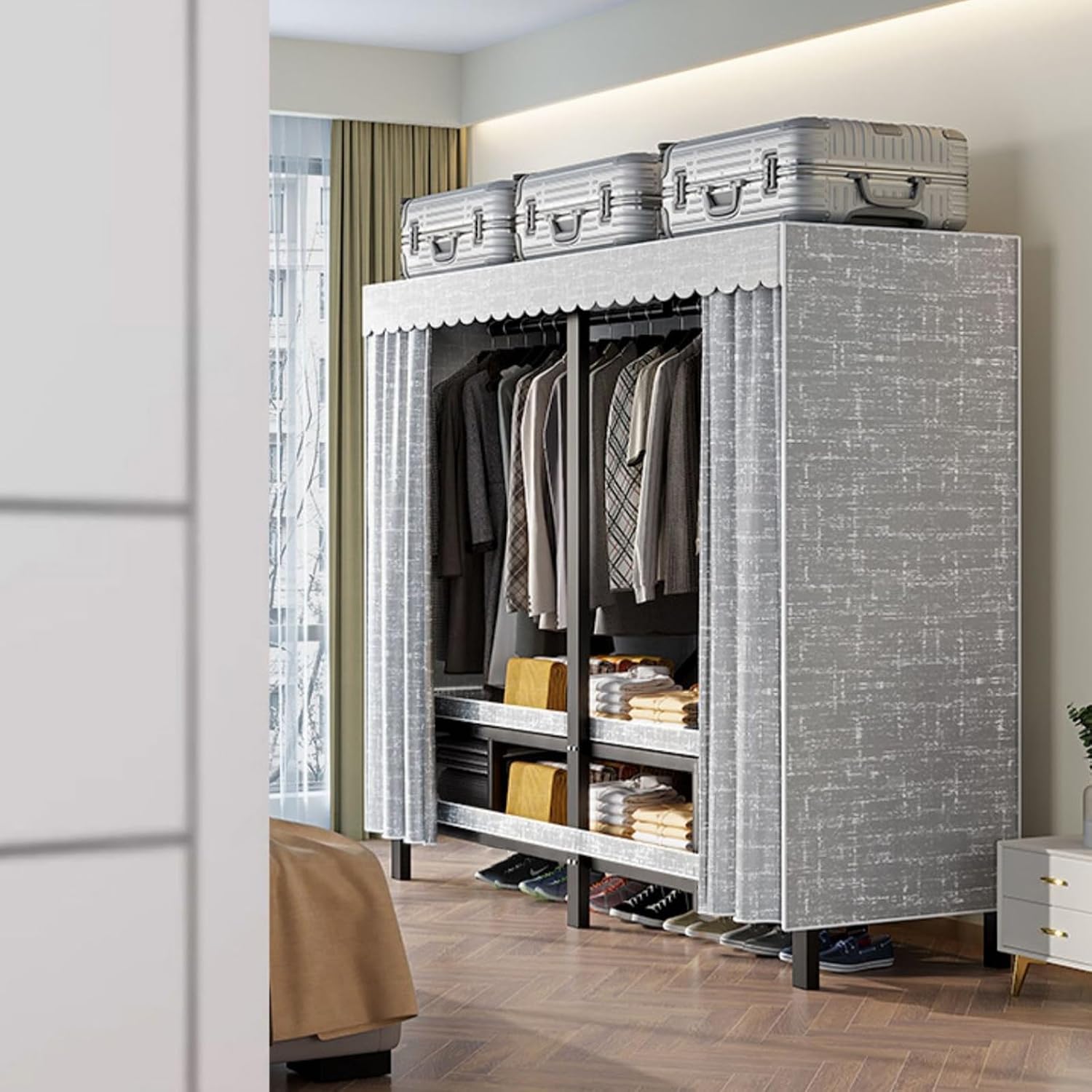 Heavy-Duty Portable Wardrobe Foldable Clothes Rack with Wheel and Cover - 2000lbs Load Capacity - Freestanding Rolling Garment Rack for Hanging Clothes - Bedroom Armoires Clothing Coat Storage Rack