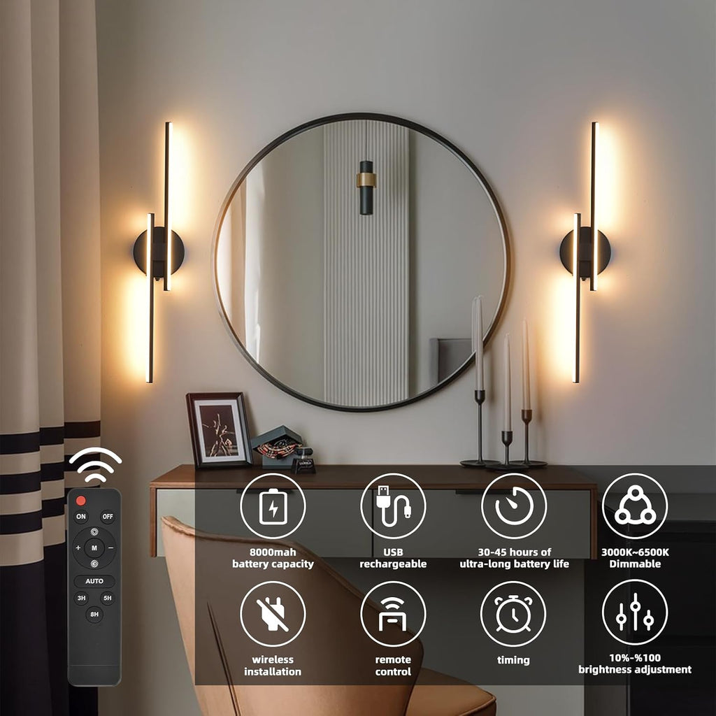 Rechargeable Battery Operated Wall Sconce Set Of Two, Black Wireless LED Wall Sconces With Remote Control, Dimmable 3 Colors Cordless wall lights for Living Room, bedroom, Hallway, 23.6 Inch ( 2pcs)