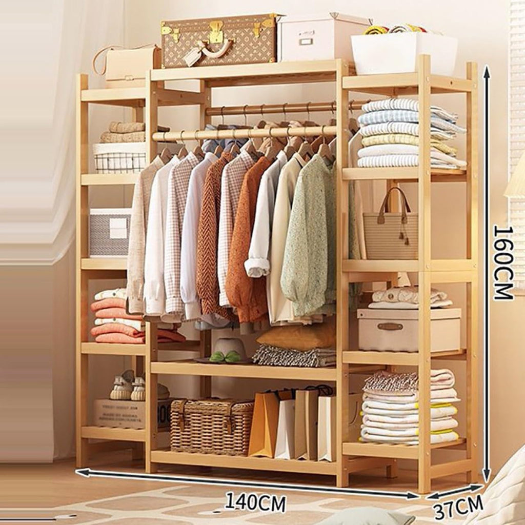 Portable Bamboo Clothes Rail with Extra Large Garment Rack 2 Hanging Rods and 11 Storage Shelves 160CM Height Ideal for Hallway Entryway Bedroom Available in 110/120/130/