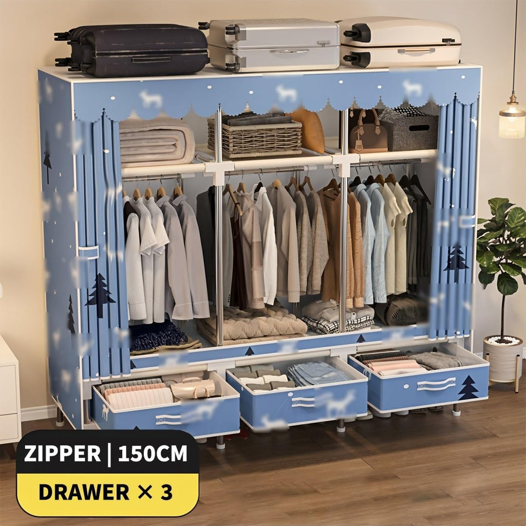 Closet Wardrobe Portable Clothes Closet with Drawer Boxes Shelves Clothing Storage with Hanging Rack Storage Organizer for Cloakroom Bedroom Entrances(Blue,150x45x165CM)