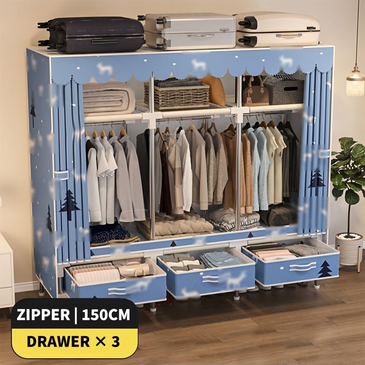 Closet Wardrobe Portable Clothes Closet with Drawer Boxes Shelves Clothing Storage with Hanging Rack Storage Organizer for Cloakroom Bedroom Entrances(Blue,150x45x165CM)