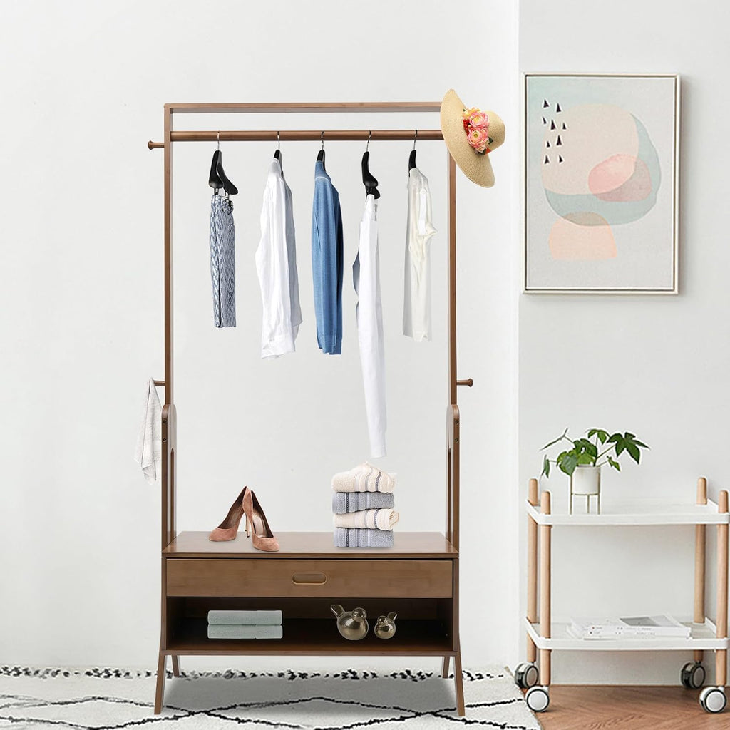 Bamboo Garment Rack Freestanding Closet Organizer, 83.5x33x169.5cm Coat Rack with Storage Shelf, Multifunctional Clothes Hanging Stand for Bedroom Entryway, Freestanding Clothing Storage Organizer