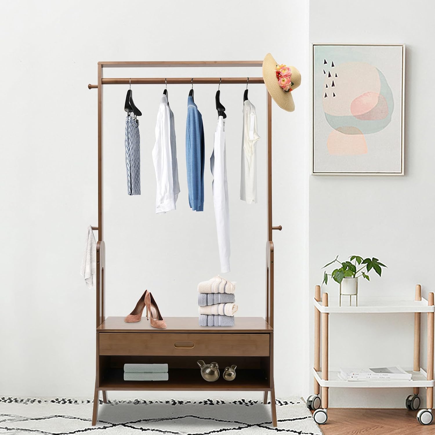 Bamboo Garment Rack Freestanding Closet Organizer, 83.5x33x169.5cm Coat Rack with Storage Shelf, Multifunctional Clothes Hanging Stand for Bedroom Entryway, Freestanding Clothing Storage Organizer