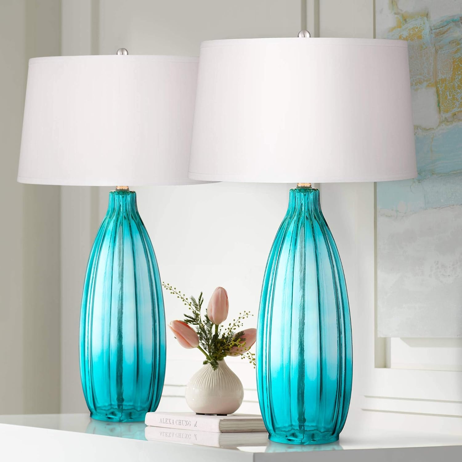 360 Lighting Stella Coastal Modern Table Lamps 30' Tall Set of 2 Fluted Blue Glass White Drum Shade Decor for Living Room Bedroom Beach House Bedside Nightstand Home Office