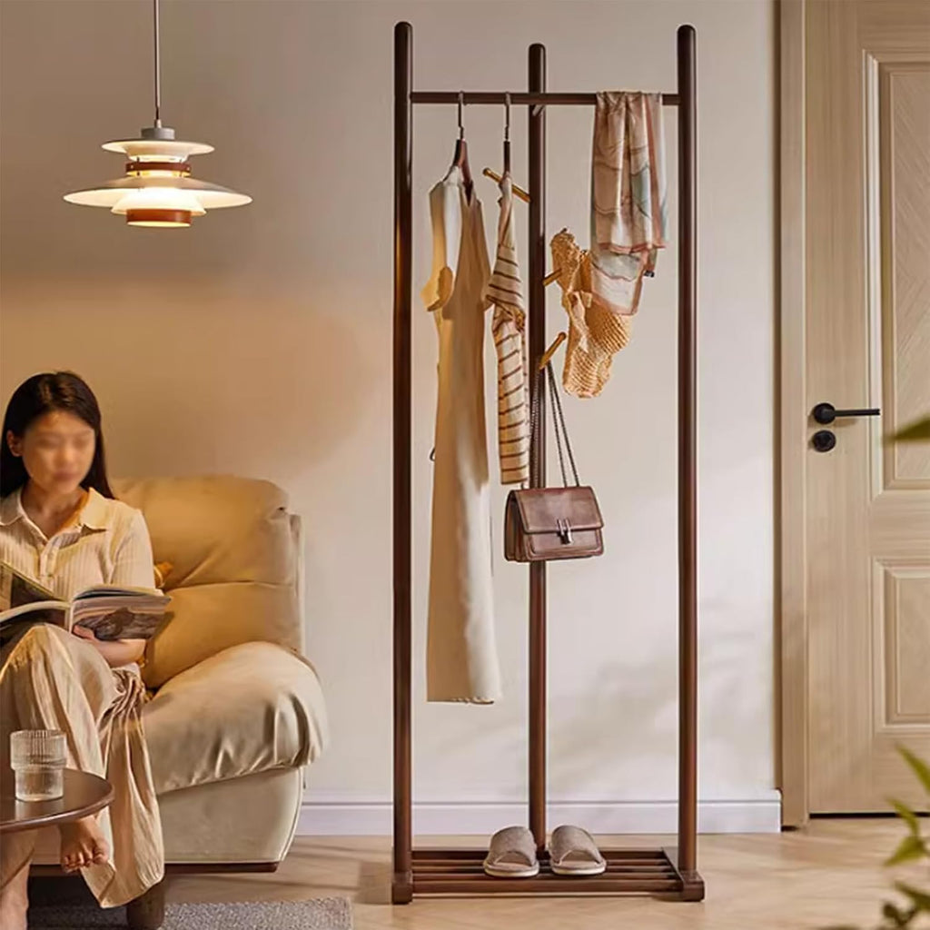 Bamboo Garment Rack, Sturdy Clothing Rack for Hanging Clothes, Clothing Organizer Hat Tree with Storage Shelves and Hanging Hooks, Suitable for Bedroom, Office, Living Room