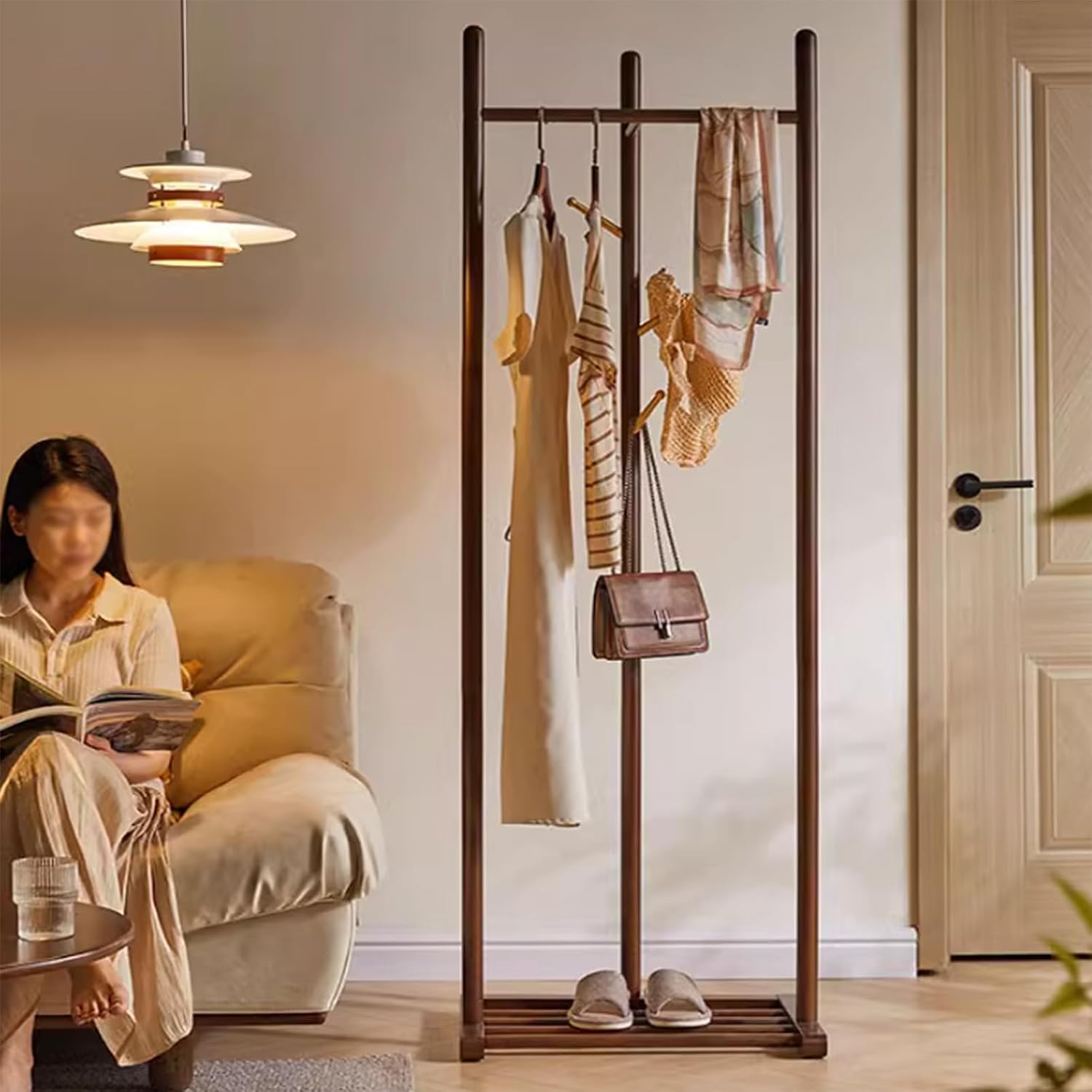 Bamboo Garment Rack, Sturdy Clothing Rack for Hanging Clothes, Clothing Organizer Hat Tree with Storage Shelves and Hanging Hooks, Suitable for Bedroom, Office, Living Room
