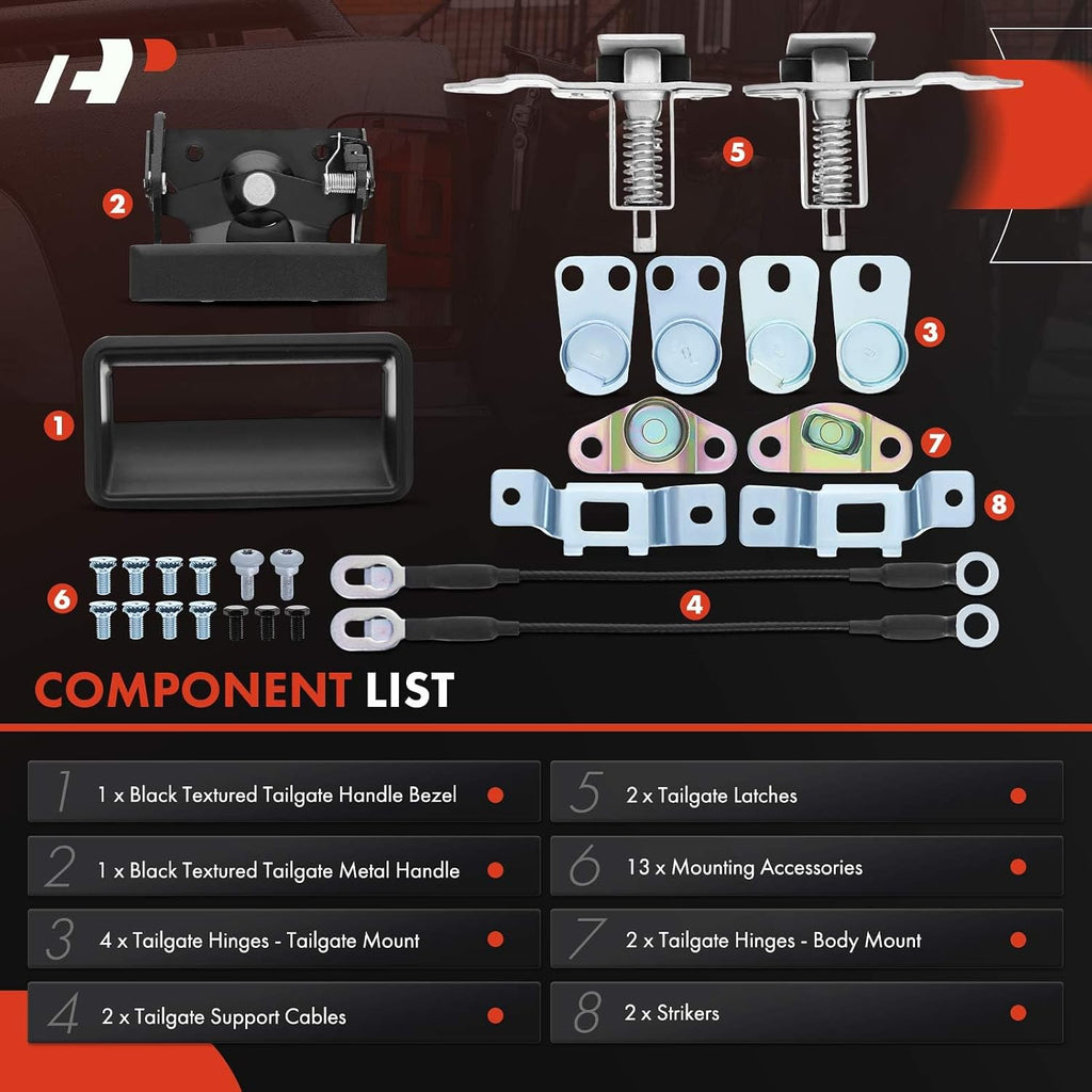 A-Premium Tailgate Rebuild Kit Compatible with Chevrolet & GMC Models - C1500, C2500, C3500, K1500, K2500, K3500, Rear Tailgate Parts Metal Handle Bezel Latch Cable Hinge Bolts (Pack of 27)
