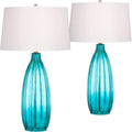 360 Lighting Stella Coastal Modern Table Lamps 30' Tall Set of 2 Fluted Blue Glass White Drum Shade Decor for Living Room Bedroom Beach House Bedside Nightstand Home Office
