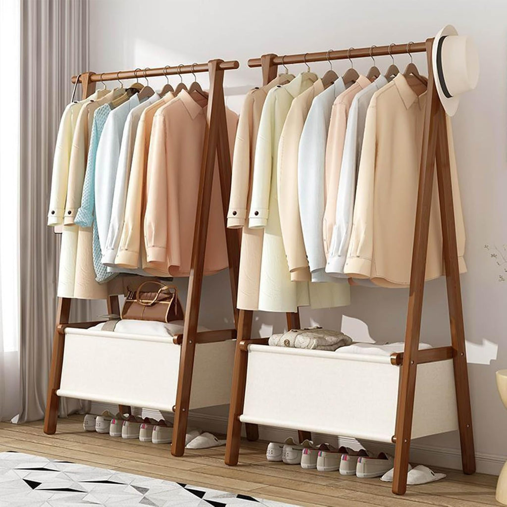 Floor-Standing Solid Wood Rotating Coat Rack，Bamboo Coat Rack Stand with Storage Bag - Freestanding Garment Organizer for Hanging Clothes, Stylish and Functional Storage Solution for Bedroom