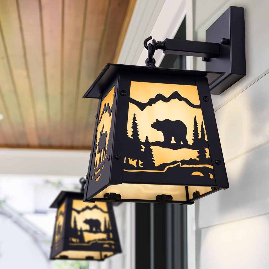 TOCHIC Wall Sconce 2-Pack, Vintage Farmhouse Wall Light Fixtures, Black Outdoor Wall Lamp for Patio with Bear Elk, Rustic Wall Mount Light for Front Door, Bathroom Vanity Light, Porch, Corridor