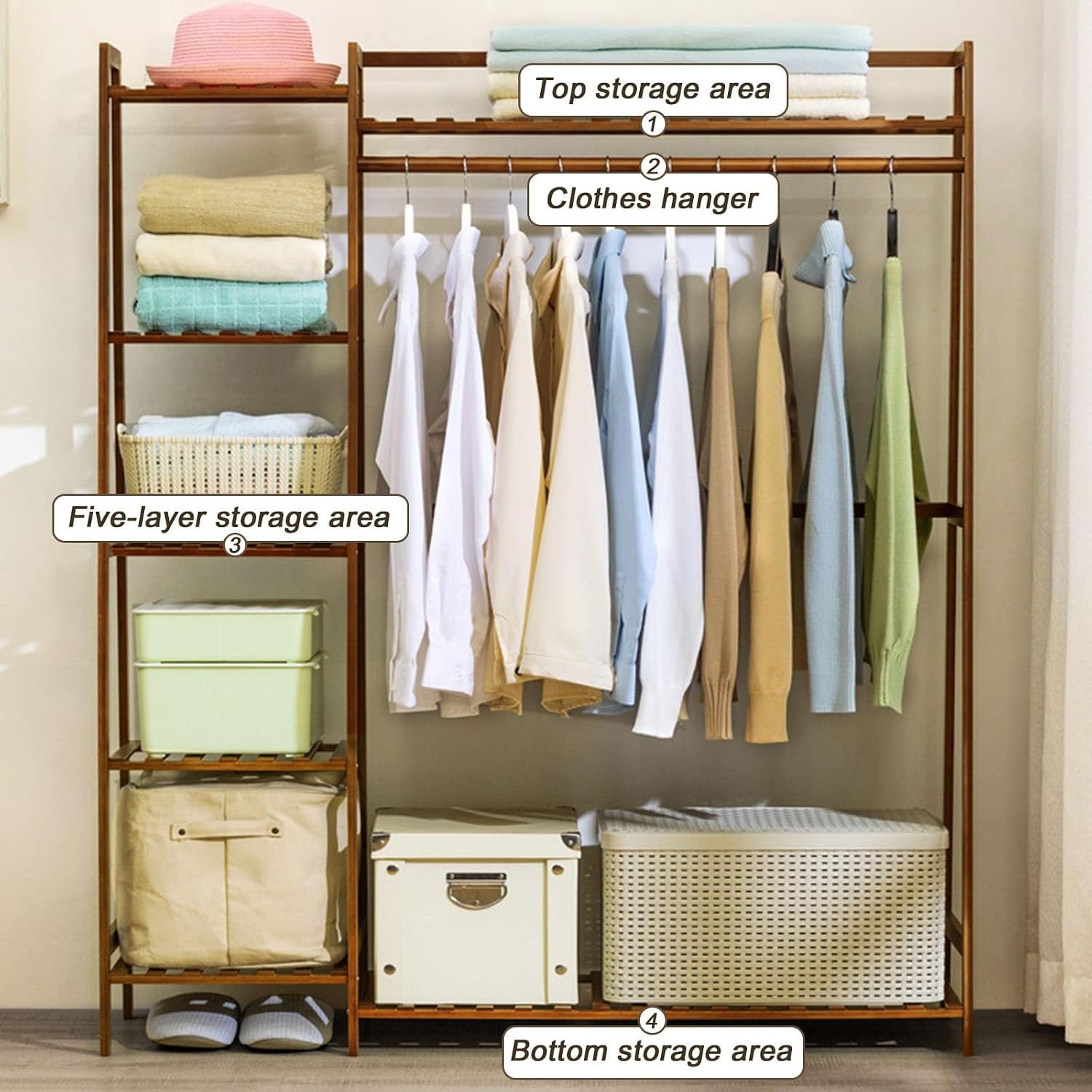 Garment Racks for Hanging Clothes - Closet System with Side Trouser Rack - Clothing Rack with 5 Tiers Shelves Bamboo Clothing Rack for Balcony,Living Room,Bedroom,Walnut,145×123cm/57×48in