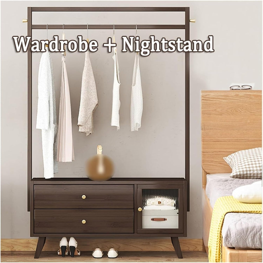 Multi-Functional Bamboo Hanging Rack with 2-Tier Drawers and Acrylic Door - Heavy Duty Clothes Organizer for Home Entryway, Bedroom, and Living Room(87cm)
