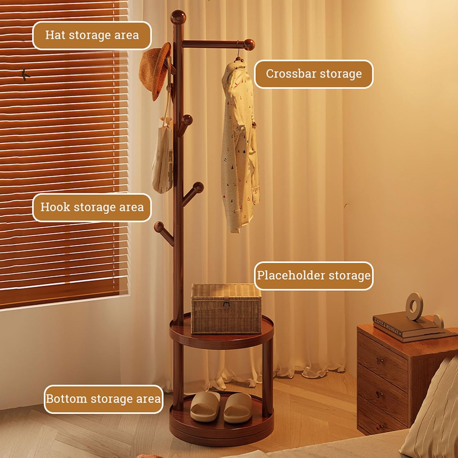 Bamboo Clothing Rack Corner Coat Rack with Hanger Hooks and 2-Tier Storage Shelves, Stand Hall Trees Free Standing Clothes Hanging Rail Garment Rack for Entryway Bedroom Living Room
