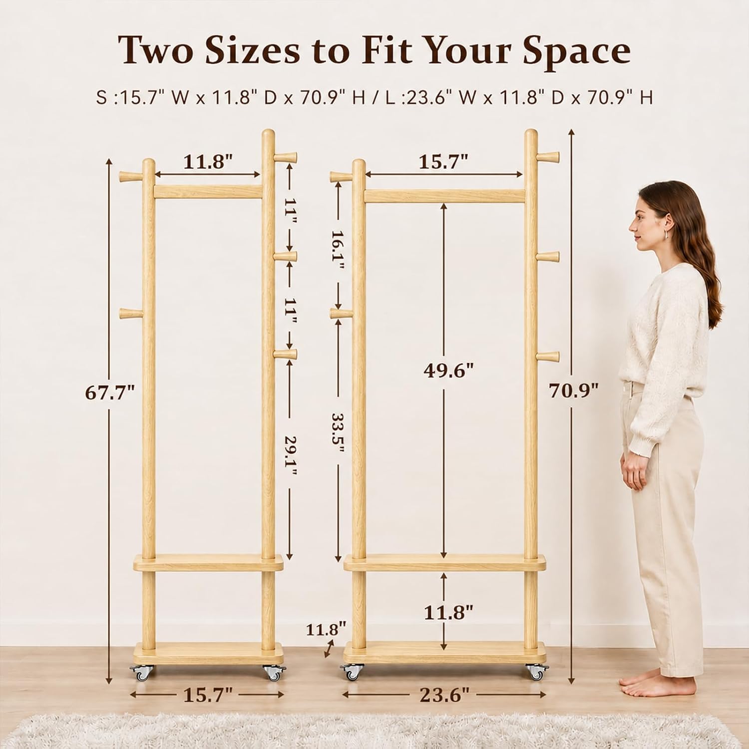 Solid Wood Coat Rack Freestanding Clothing Rack with Wheels & 2 Shelves Storage & 5 Hooks Heavy Duty Clothes Rack Wood Coat Tree Stand Hat Hanger Rack for Corner Bedroom Entryway Living Room Hotel