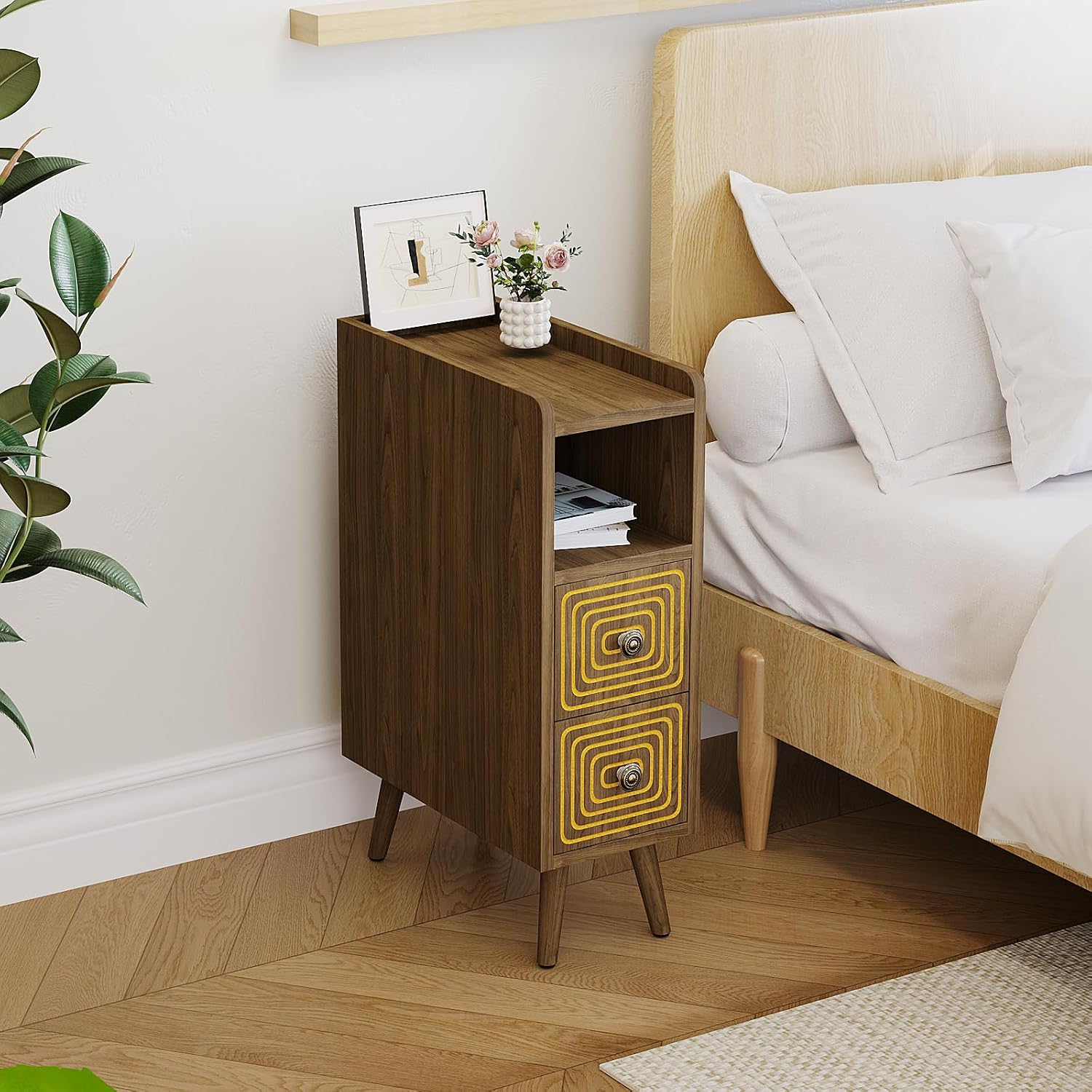 Nightstands Set of 2,Night Stand Bed Side Table with Storage Space,Wooden Bedside Table with Open Shelf,2 Drawers,End Table with Solid Wood Feet for Bedroom,College Dorm,Entryway (Walnut)
