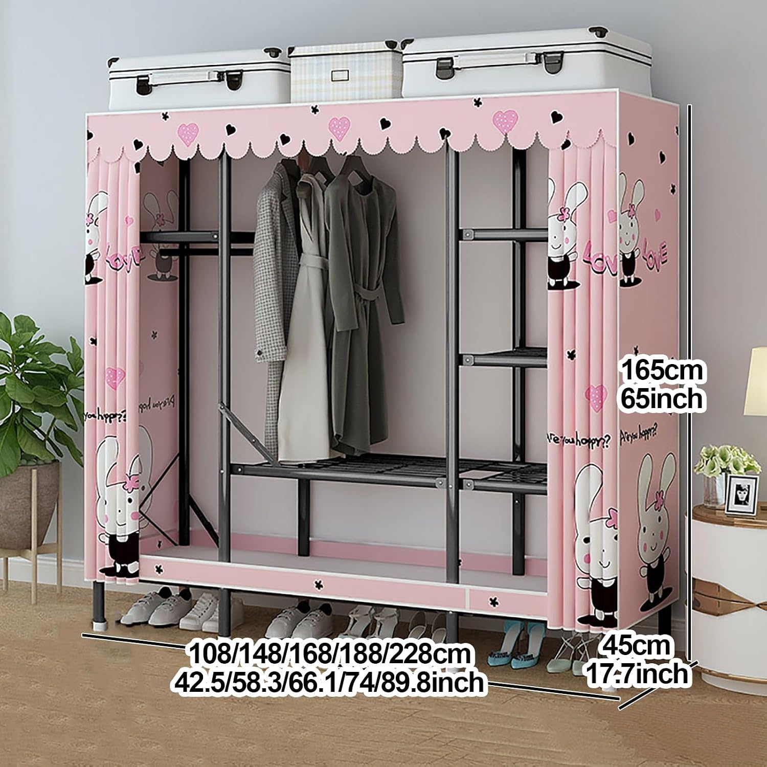 Heavy Duty Portable Wardrobe Closet With Cover, Freestanding Garment Rack For Hanging Clothes, Metal Clothes Rack, Foldable Closet Organizer, For Bedroom, Living Room(Pink,188cm/74inch)