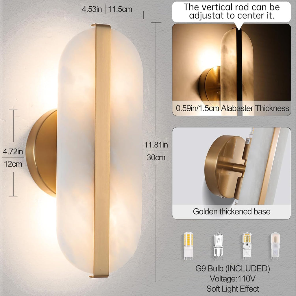 Natural Alabaster Wall Sconces Set of Two Marble Wall Sconces Gold Bathroom Vanity Wall Light Fixtures Modern Oval Stone Wall Lamp for Bedroom Living Room Hallway Restaurant Stairs