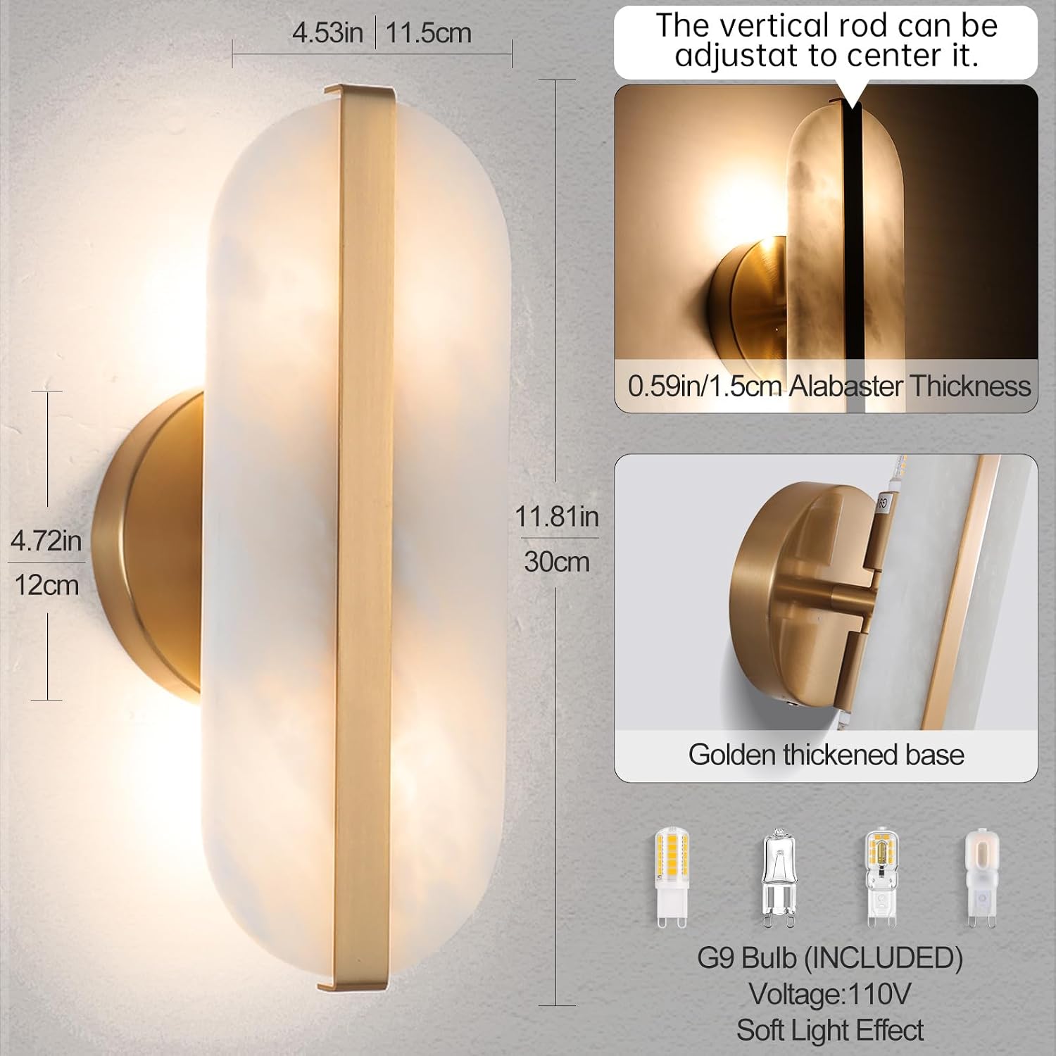 Natural Alabaster Wall Sconces Set of Two Marble Wall Sconces Gold Bathroom Vanity Wall Light Fixtures Modern Oval Stone Wall Lamp for Bedroom Living Room Hallway Restaurant Stairs