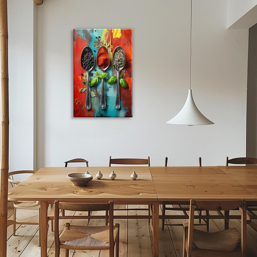 Kitchen Canvas Wall Art Colorful Spices Seasoning On Spoon Picture Print Abstract Contemporary Modern Artwork For Living Room Dining Room Hotel Decor(Artwork-6,28'x42')