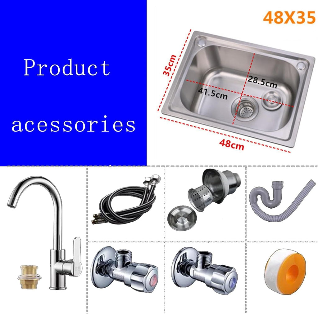 Stainless Steel Kitchen Sink - Top-Mounted Single Bowl Washbasin with Hot and Cold Water Tap, Drain Filter, and Inlet Pipes,One Color-48x35cm