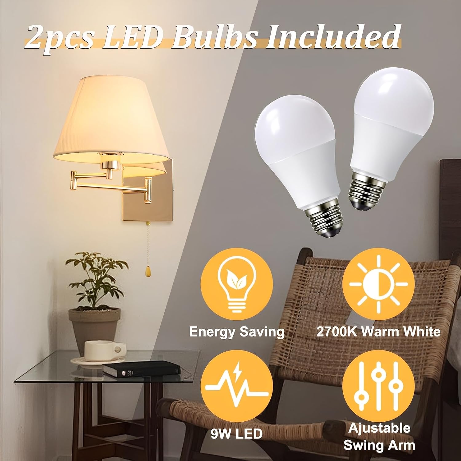 Swing Arm Wall Sconces Set of 2, Indoor Wall Lamp with White Beige Shade Reading Wall Light Fixture with On/Off Switch for Living Room Doorway Study Room Bedroom Bedside