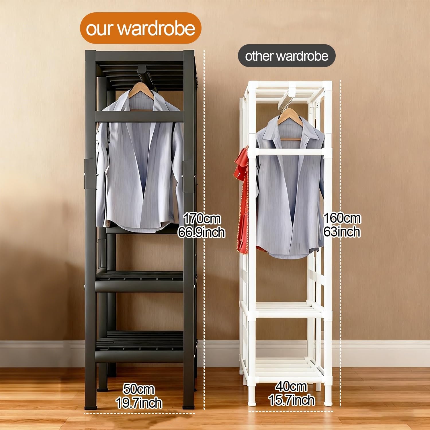 Wardrobe Closet For Hanging Clothes Portable Clothing Rack With Cover 1200Ibs Foldable Black Steel Frame Metal Coat Storage Garment Racks For Hanging Clothes(A,190cm/74.8inch)