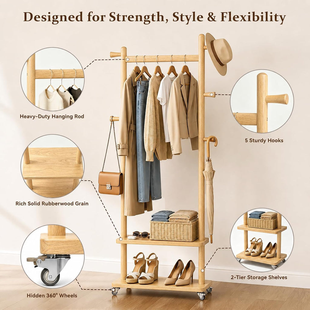 Taitiy Coat Rack Freestanding Clothing Rack with Wheels & 2 Shelves Storage & 5 Hooks Heavy Duty Clothes Rack Wood Coat Tree Stand Hat Hanger Rack for Corner Bedroom Entryway Living Room Hotel Size L