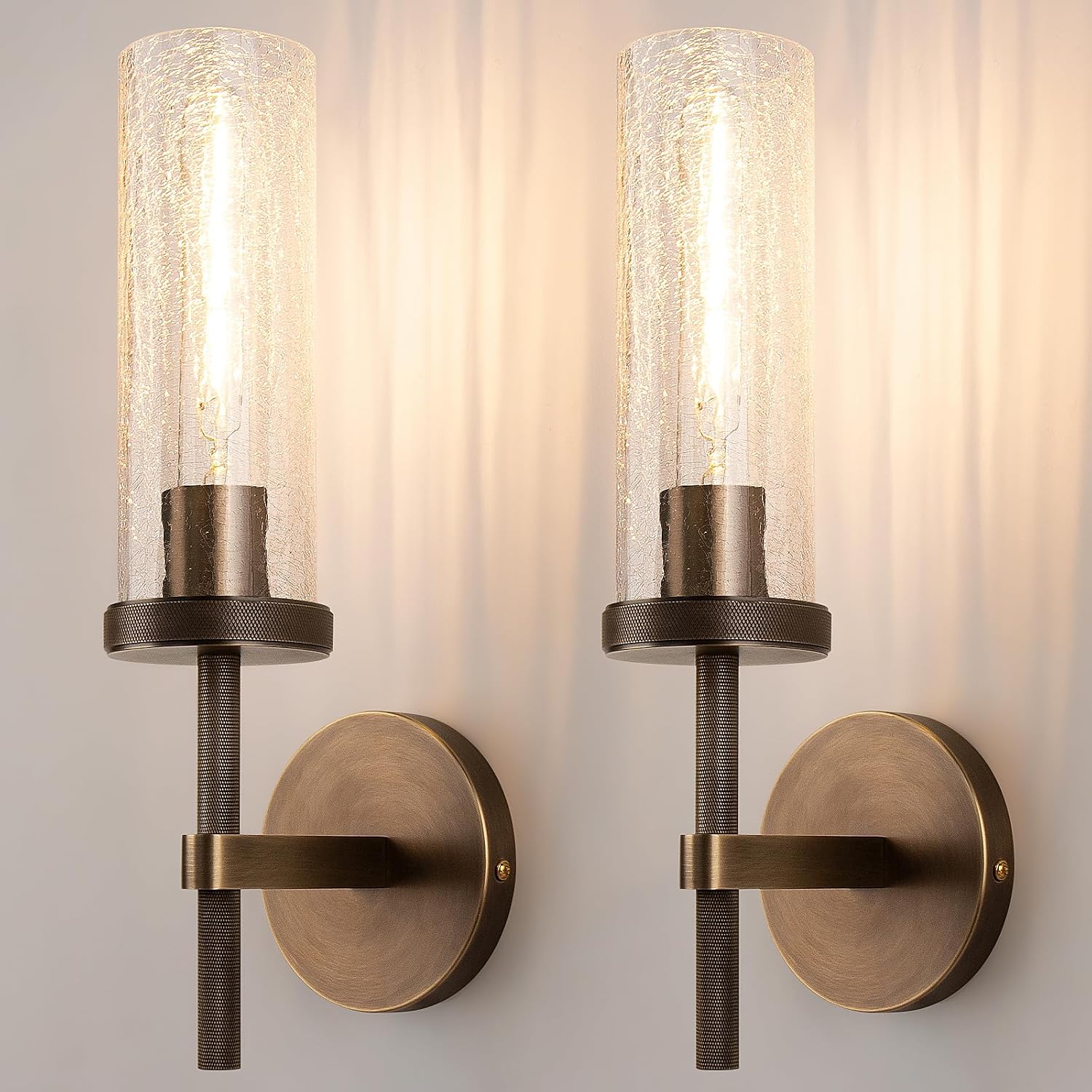 15' Knurled Brass Wall Sconces Set of 2, Bronze Bathroom Vanity Light Fixtures with Crackle Glass Tube, Modern Lamp Lighting for Bedroom, Living Room, Hallway, Staircase, Mirror, Kitchen