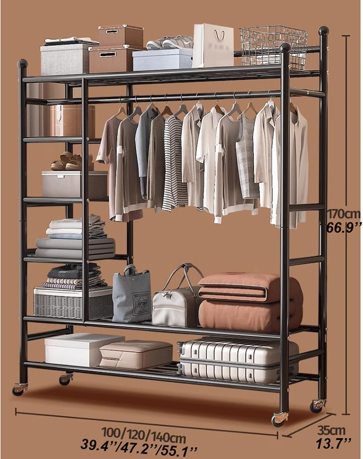 6 Tier Heavy Duty Garment Rack on Wheels Metal Portable Clothing Rack w/Hanging Rod Rolling Clothes Rack Freestanding Open Wardrobe Closet Organizer for Bedroom