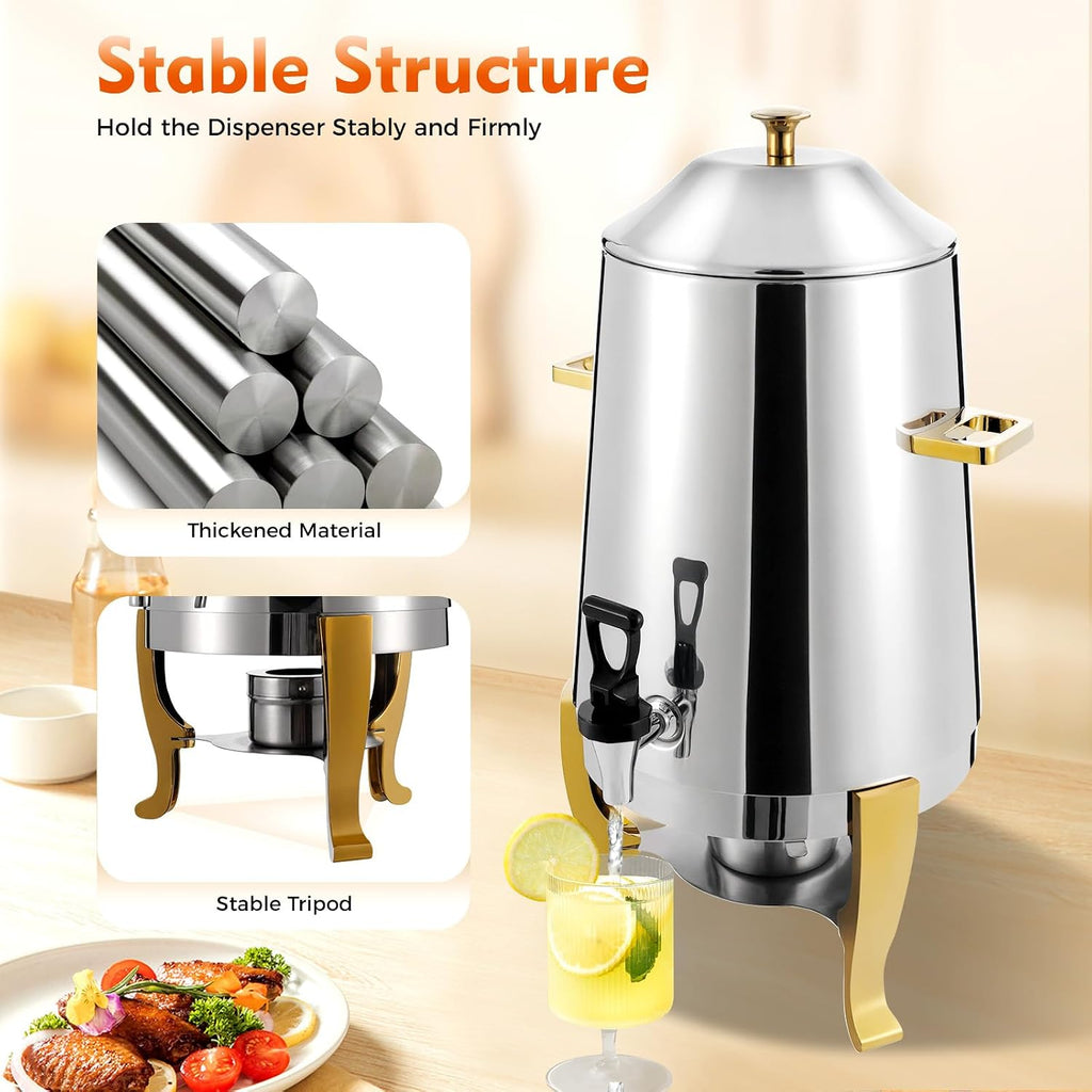 13L Coffee Urn and Hot Beverage Dispenser with Fuel Holder & Heating board, 3.4 Gallon Stainless Steel Drink Dispenser for Hot Drinks, Hot Water Urn for Catering (Silver+Gold)