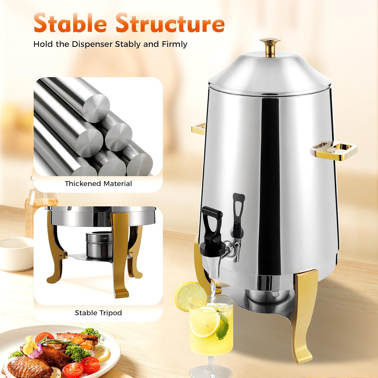 13L Coffee Urn and Hot Beverage Dispenser with Fuel Holder & Heating board, 3.4 Gallon Stainless Steel Drink Dispenser for Hot Drinks, Hot Water Urn for Catering (Silver+Gold)