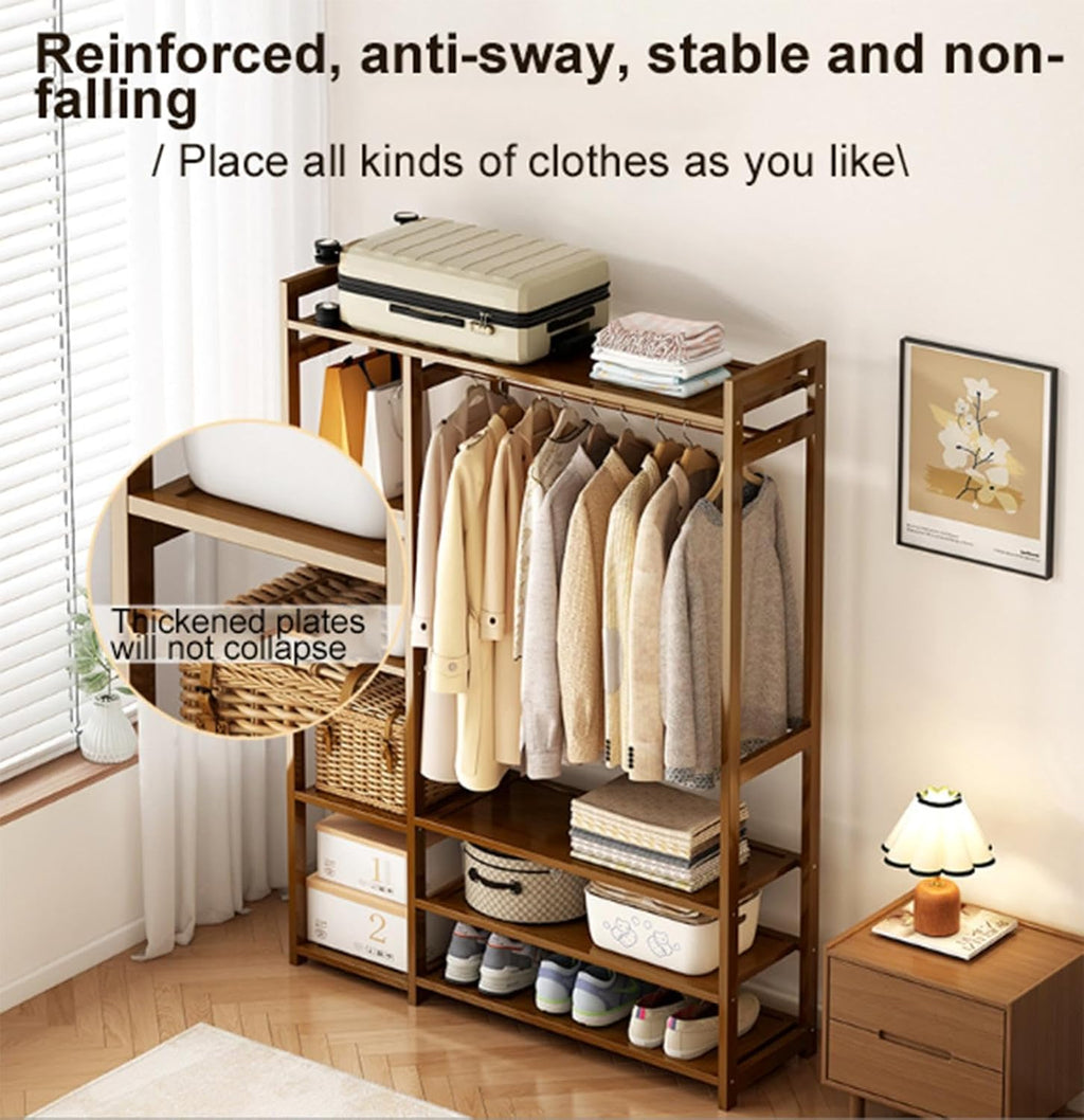 Free Standing Clothing Racks for Hanging Clothes, Bamboo Garment Rack Closet Organizer with Storage Shelves,Clothes Organizer for Bedroom, Living Room,100 * 30 * 150cm