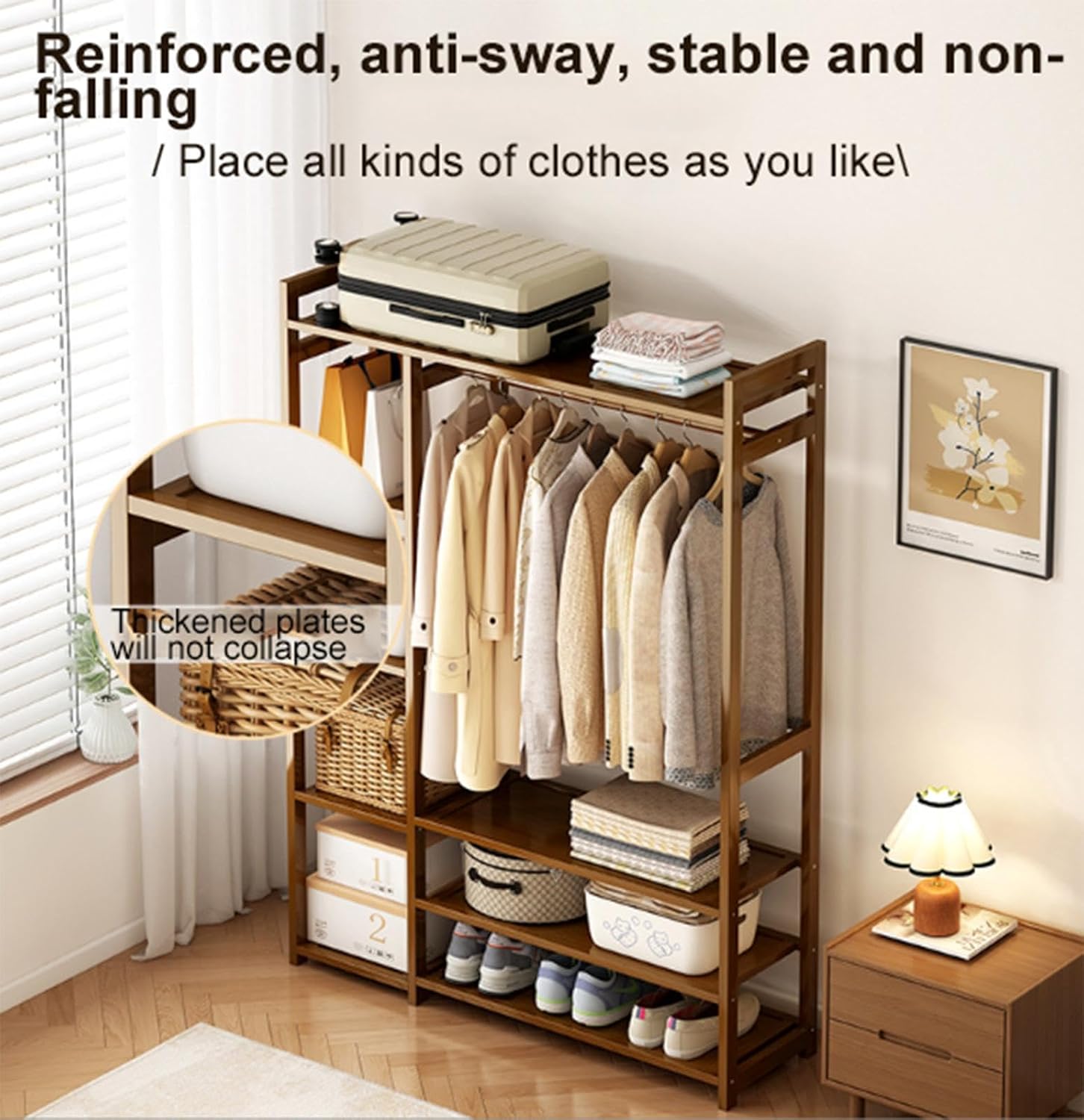 Free Standing Clothing Racks for Hanging Clothes, Bamboo Garment Rack Closet Organizer with Storage Shelves,Clothes Organizer for Bedroom, Living Room,100 * 30 * 150cm