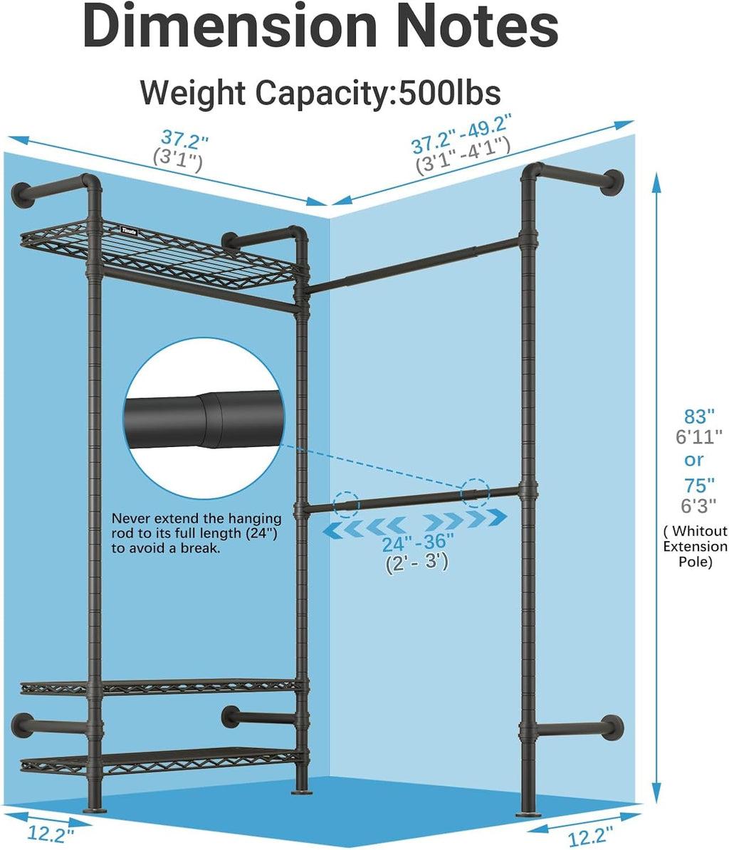 Timate L2 Wall Mounted Clothes Rack Industrial Pipe Clothing Rack for Hanging Clothes, Adjustable Expandable Garment Rack Heavy Duty Closet Organizer, Black Mounted Storage Industrial Closet System